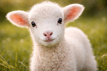 Naklejka premium A cute lamb looks curiously at the camera in a meadow bathed in golden light.
