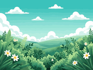 Obraz premium A colorful illustration of a green landscape with white clouds and flowers