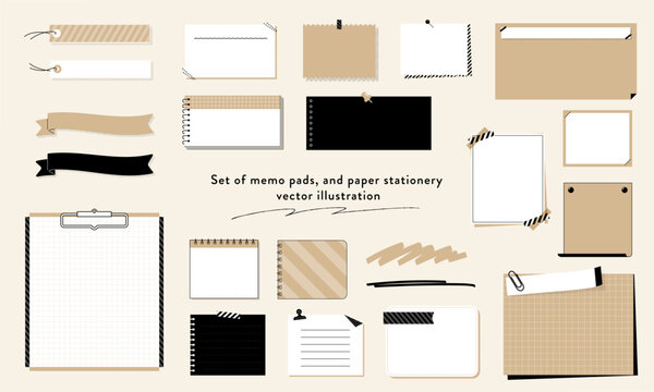 Set of beige hand drawn sticky notes, memo pads, and paper stationery vector illustration
