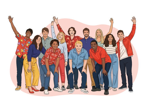 Diverse group of people with raised arms in celebration together