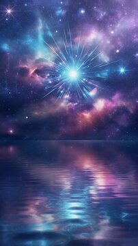 A celestial starburst explosion illuminating the night sky above a calm reflective lake, vib