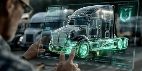 Focused fleet manager analyzing innovative truck technology with determination in a busy logistics yard during daylight hours