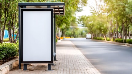 Green screen billboard near bus stop in city urban marketing mockup everyday lifestyle mood soft daylight neutral tone eye level shot, Realistic Photo