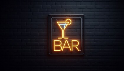 Neon sign displays the word bar with a cocktail glass glowing against a dark brick wall in a nightlife setting.