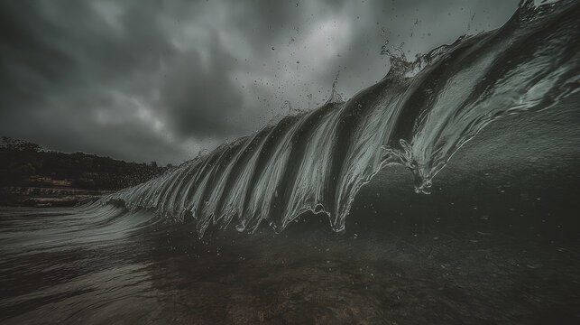 Dark ocean wave cresting under stormy sky, dramatic motion and textured water exhilaration