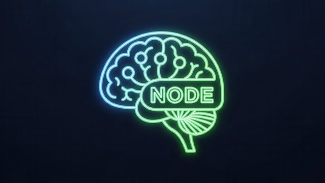 Luminous digital brain visualization featuring 'NODE' text for computing concepts and network