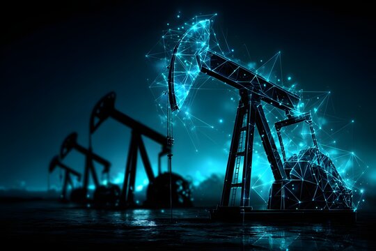 Futuristische &Ouml;l-Pumpe mit digitalem Datenfluss als Energiekonzept
