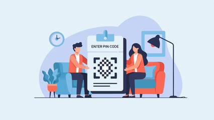 Couple in living room examines QR code on digital screen for verification