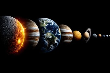 Planeten des Sonnensystems in Reihe vor schwarzem Weltraumhintergrund 