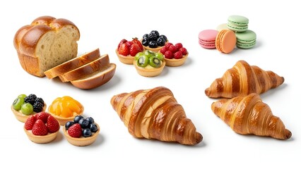 Delicious Assortment of French Pastries and Baked Goods: Brioche, Fruit Tarts, Macarons, and Croissants