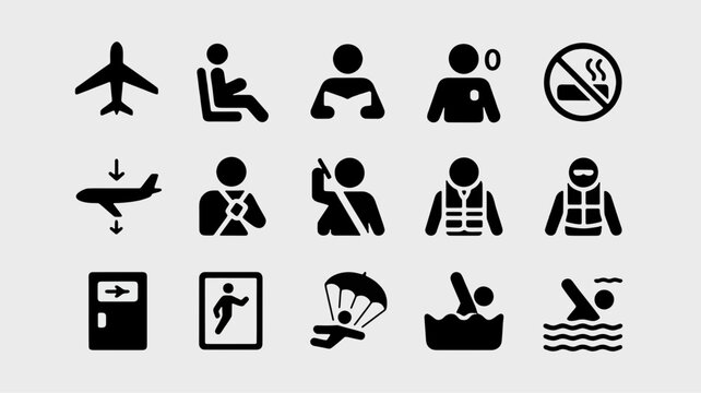 Safety and Travel Icons: An assortment of easily recognizable icons conveying essential safety information for air travel and emergencies, presented in a clean and uniform style.