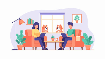 Couple and dogs relax at home using laptops with houseplants