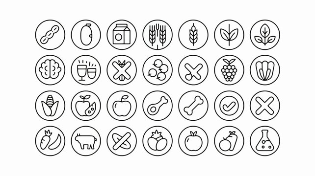 Symbols of Dietary Inclusion and Exclusion: A comprehensive collection of symbols denoting various foods and ingredients, emphasizing a range of dietary choices.