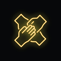 Obraz premium Neon style icon of four hands joining together in the center, symbolizing teamwork and collaboration