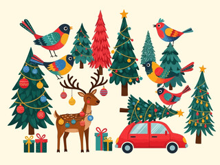 Fototapeta premium Christmas trees and birds with a red car and reindeer on beige background