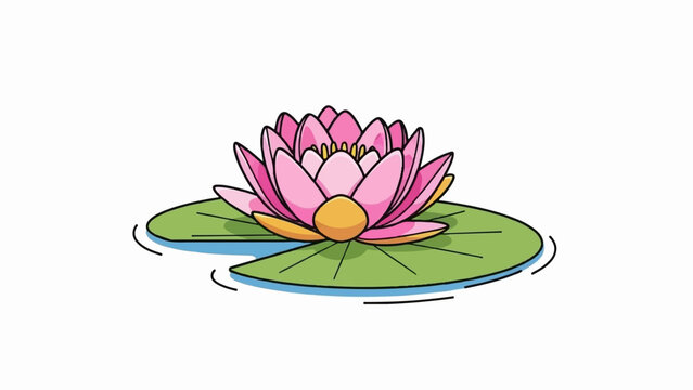 A vibrant pink lotus flower blooms on a lily pad in calm blue water