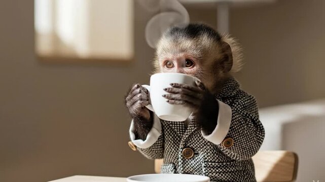 Monkey seated and holding a ceramic coffee cup and enjoying coffee in a unique lifestyle scene