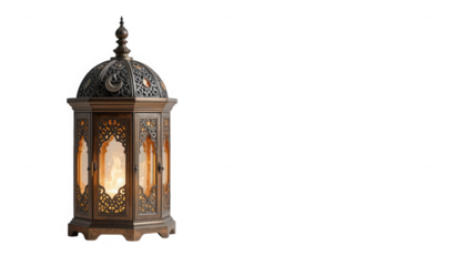 Ornate antique metal lantern featuring intricate arabesque carvings and warm glowing illumination on transparent background