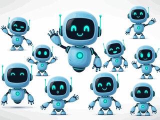 A group of cute robots with glowing blue eyes and headphones