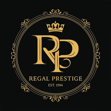 RP Regal Prestige Logo - Luxury Gold Monogram with Crown and Ornamental Frame Design