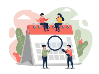 Illustration of people sitting on and standing around a large calendar with magnifying glass