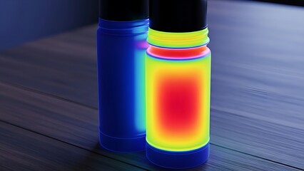 Visual representation of thermal heat signatures on two water bottles showing temperature