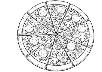 Naklejka premium A minimalist vector illustration of a sliced pizza pie with various toppings