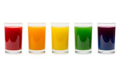 Row of Five Vibrant Rainbow-Colored Healthy Juices in Glasses, Isolated on White Background