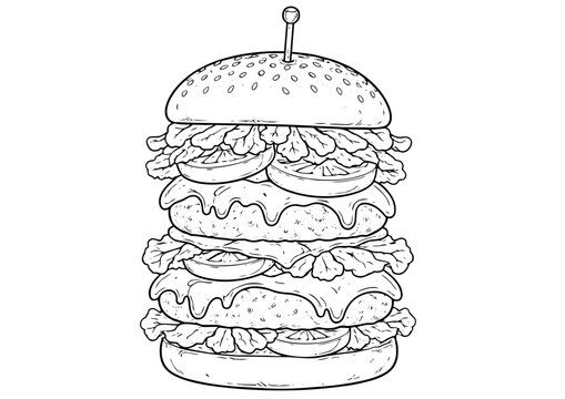 A detailed vector illustration of a large stacked burger with multiple layers