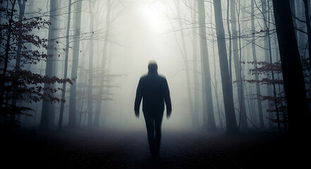 A silhouette of a person walks through a dark, misty forest, with trees and a bright light in the distance