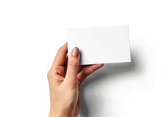 Obraz premium A woman's hand, manicured, holding a blank, white rectangular card against a white backdrop