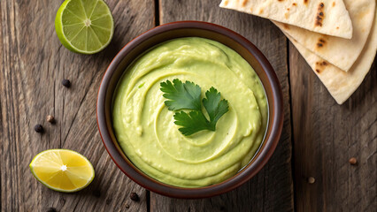 Ramadan kareem, copyspace, a bowl of guacamole with tortillas and limes on a wooden table