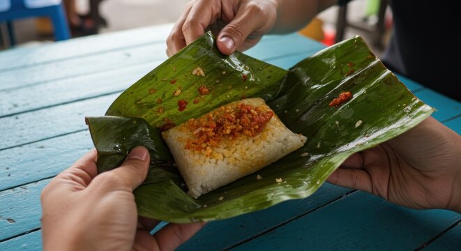 Nasi Lemak Bungkus: Aromatic Rice Dish Wrapped in Banana Leaf, Topped with Sambal