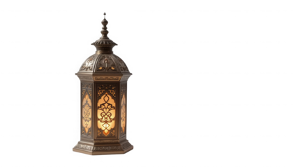 Ornate antique metal islamic lantern casting a warm soft glow with intricate carved detailing on transparent background