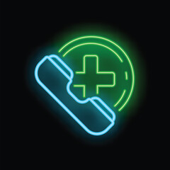 Obraz premium Neon sign of a phone ringing with a medical cross inside representing an emergency call for healthcare assistance