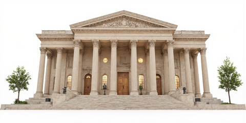 Naklejka premium Classical Building Model Isolated Transparent Background A detailed 3D model of a neoclassical building with columns and pediment, rendered