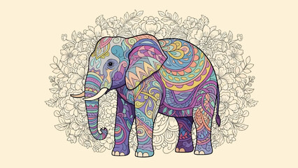 Colorful patterned elephant standing amidst floral outlines on a cream background