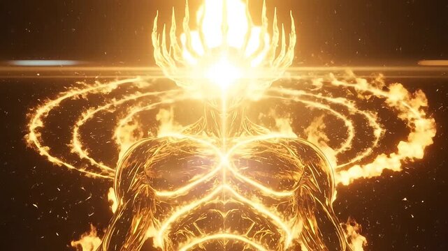 Fiery celestial deity crowned in flames radiating intense energy against a dark cosmic void
