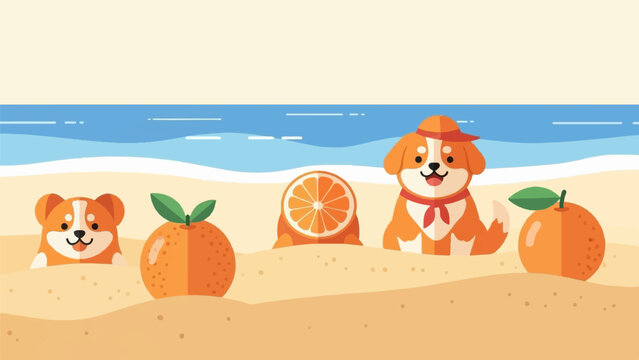 Adorable dogs and oranges on a sunny beach with blue ocean waves