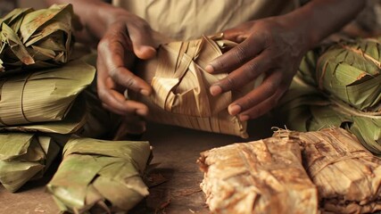 Close Up Of Person Wrapping Food In Banana Leaves And Twine