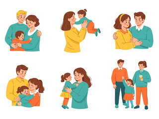 A set of colorful illustrations depicting happy family moments with parents and children