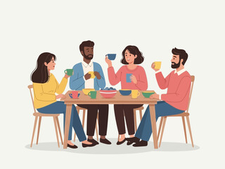 Group of friends sitting around a table eating and drinking together