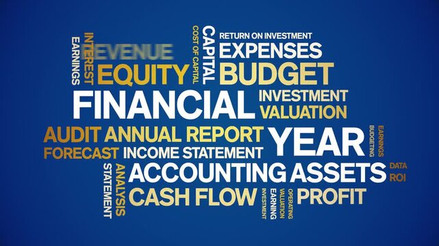 Financial Year animated word cloud-text design animation tag kinetic typography seamless loop.