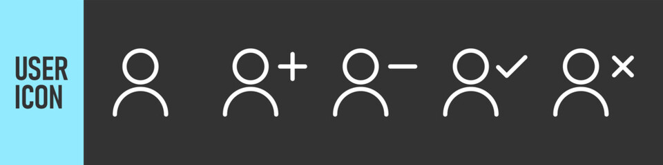 user icon set. Minimal user action icons showing add, remove, approve, and delete states - user profile icons for account management, UI, and system design
