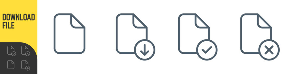 File document outline icons set: download file, import document, approved and rejected file symbols. Minimal line style UI UX icons for web, app and software interfaces