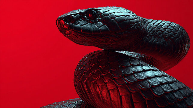 Art of a black glowing snake coiled on a shiny red background