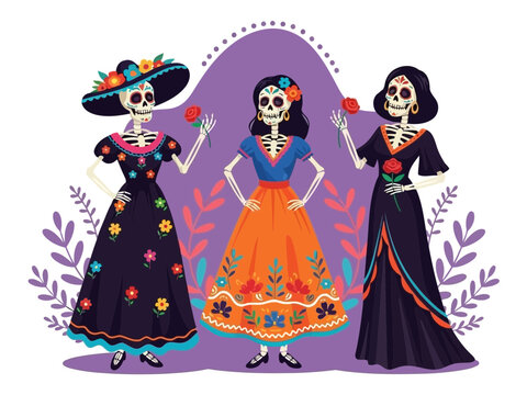 Colorful illustration of three sugar skull women in traditional mexican dresses