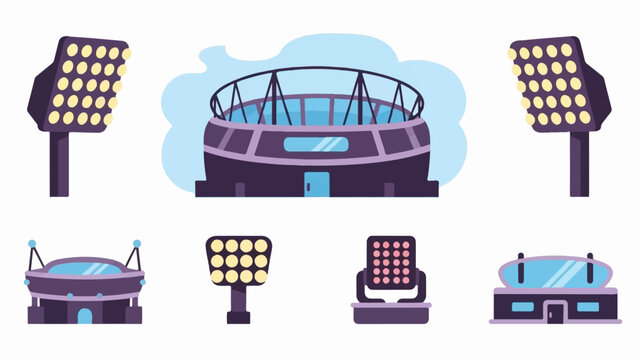 Collection of flat design stadium lights and simplified sport arenas