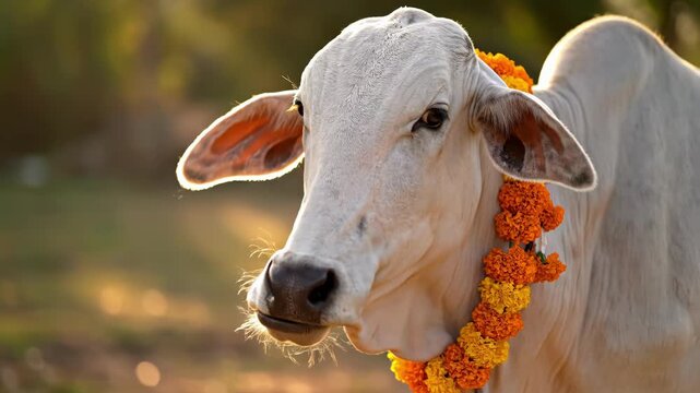 Close-up of a white cow adorned with an orange marigold garland chewing cud. Sacred animal in a rural setting with golden hour lighting. Indian culture and livestock concept