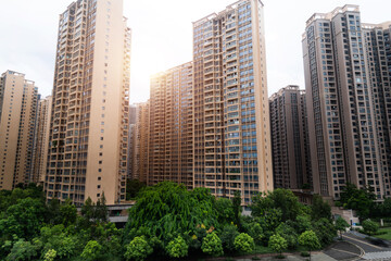Facade of crowded residential buildings
